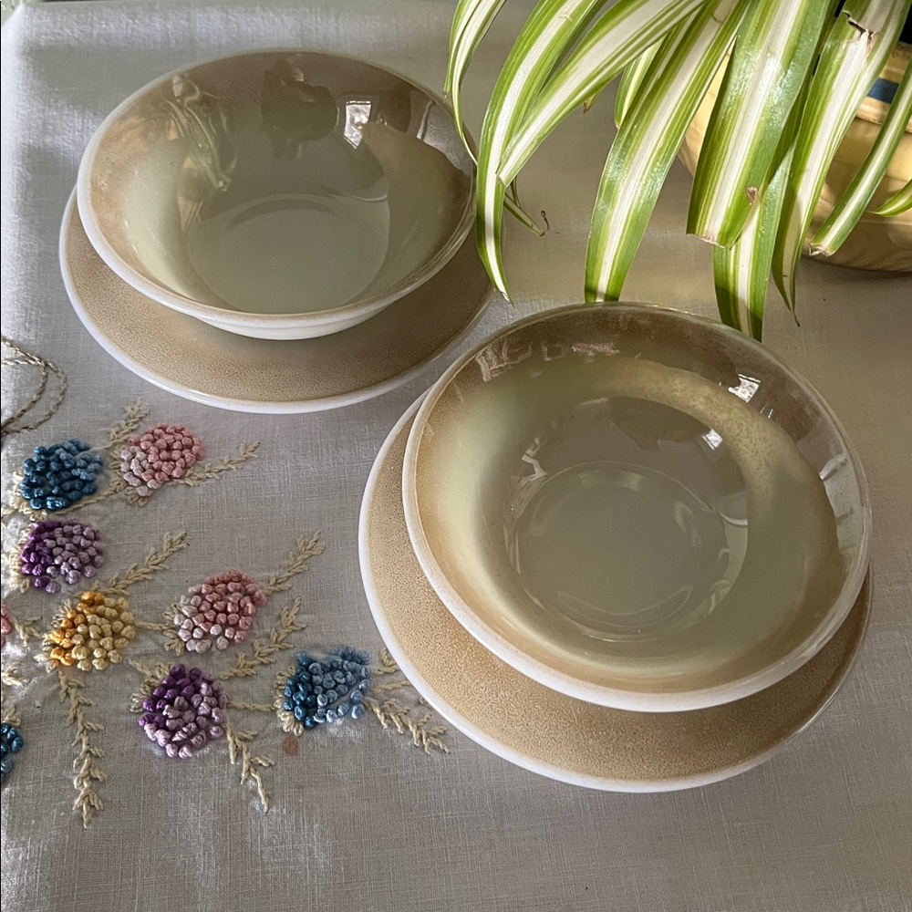 Vintage Federal Glass Iridescent Moss Green Cereal Bowl and Saucer set 1970s